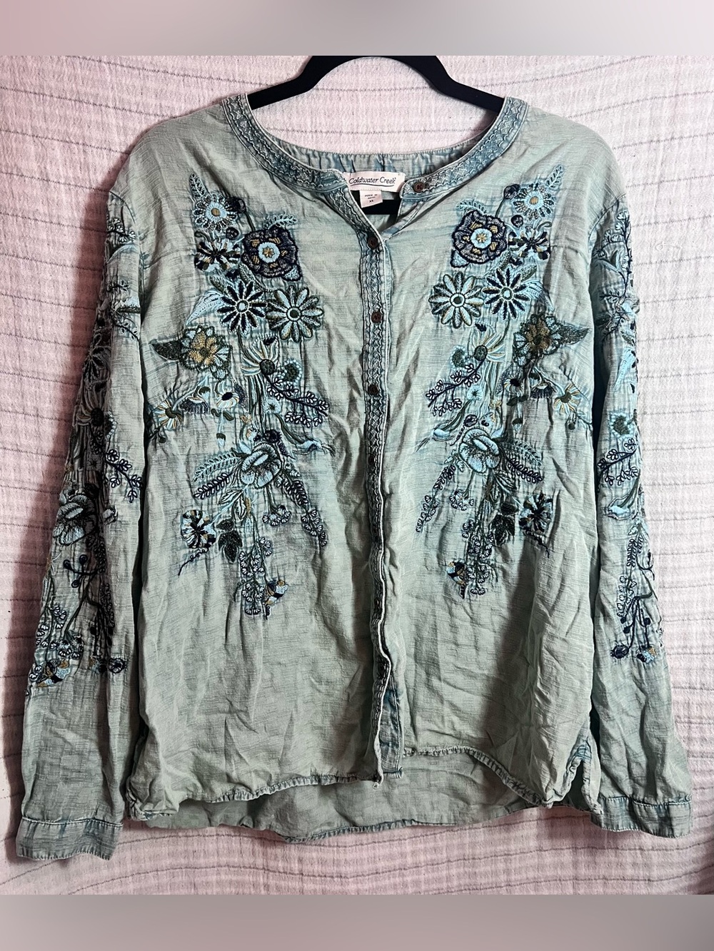 Coldwater Creek Light Blue Embroidered Button-Down Shirt